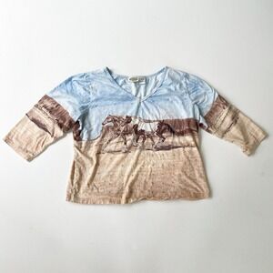 Vintage Y2k‎ Collections Etc Horse Print Top Western Style V Neck 3/4 Sleeve L